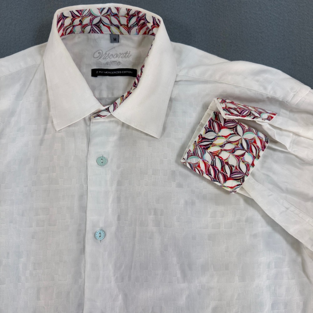 Visconti Uomo White Mercerized Cotton Jacquard Shirt Mens Medium Contrast Cuff